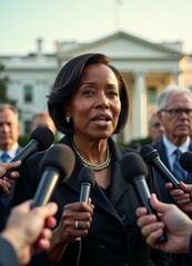 Wall Mural - An African American female senator speaks confidently to the press in front of the White House, bathed in warm afternoon sunlight.	
