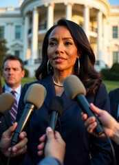 Wall Mural - An African American female senator speaks confidently to the press in front of the White House, bathed in warm afternoon sunlight.	
