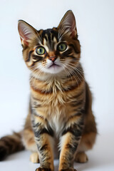 Wall Mural - A close-up portrait of a curious tabby cat with large green eyes and a fluffy coat. The cat is sitting upright against a white background, showcasing its distinct stripes and chest.