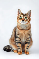 Wall Mural - A close-up portrait of a curious tabby cat with large green eyes and a fluffy coat. The cat is sitting upright against a white background, showcasing its distinct stripes and chest.