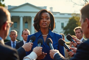 Wall Mural - An African American female senator speaks confidently to the press in front of the White House, bathed in warm afternoon sunlight.	
