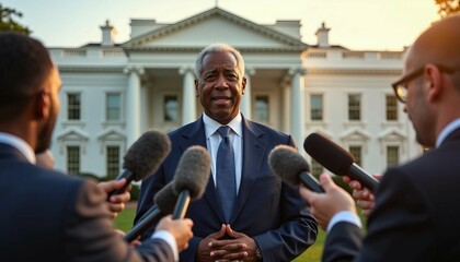 Wall Mural - An African American senator speaks confidently to the press in front of the White House, showcasing authority.	