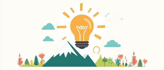 Poster - Bright Idea Light Bulb Over Mountains Landscape Illustration