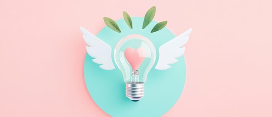 Poster - Light Bulb with Heart Shape and Angel Wings on Pink Background