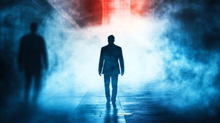 A man walks towards a bright light, his path obscured by smoke and the shadow of another figure. The image evokes a sense of mystery and uncertainty.