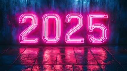 Wall Mural - a neon sign that reads 2025 on a tiled floor in front of a wall