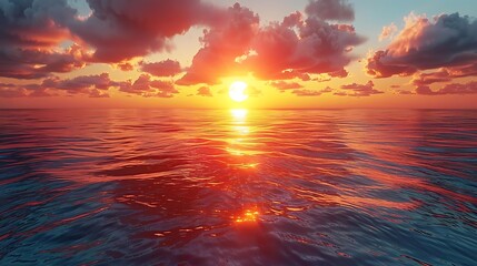 Poster - A serene sunset over calm waters, reflecting vibrant colors and fluffy clouds.