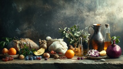 Wall Mural - Rustic Still Life with Bread, Fruits, Vegetables, and Spices