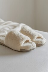 Poster - Depict simple comfort with a minimalist image of fluffy spa slippers AI generated illustration