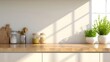 © ArtStage - Design a high-gloss polished wood countertop empty of items with a soft-focus backdrop of a minimalist bright kitchen AI generated illustration