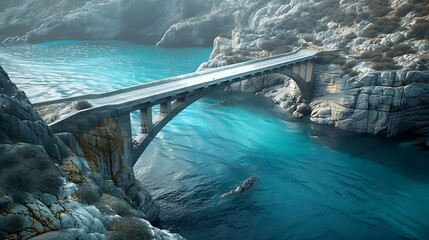 Poster - A scenic view of a bridge arching over turquoise waters, surrounded by rocky terrain and serene nature.