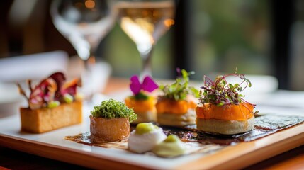 Wall Mural - Gourmet Appetizers with Microgreens and Sauce on a White Plate