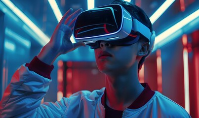 Wall Mural - Young man using virtual reality headset. VR, future, gadgets, technology concept. 