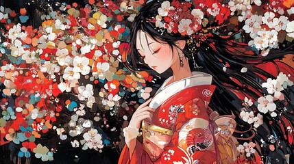 Sticker - Anime Girl in a Red Kimono Surrounded by Blossoms.