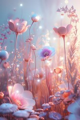 Wall Mural - Enchanted 3D garden with abstract pastel flowers and magical elements AI generated illustration