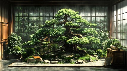 Sticker - Tranquil Bonsai Tree in a Japanese Garden Setting.