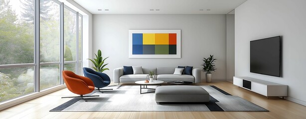 Wall Mural - inviting sunlit living room soft light gentle shadows bright colors tilt perspective water color style inspirational mood, more clarity with clear light and sharp focus, high detailed