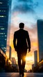 © miss[SIRI] - A businessperson walks confidently toward a vibrant sunset in a city, embodying ambition and modern urban life.