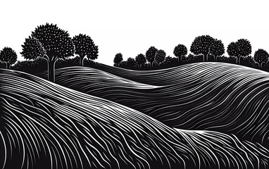 Wall Mural - Woodcut illustration of rolling hills and forest at night, simple lines, vector art, black ink on white background