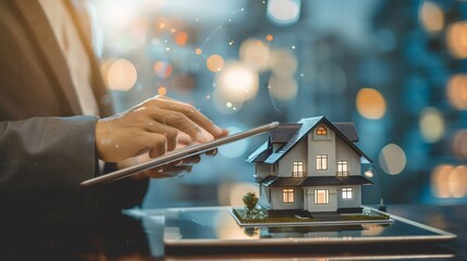 Person using tablet with miniature house on a table