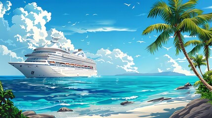 Sticker - A vibrant cruise ship sailing on a clear blue ocean with palm trees and a sunny sky in the background.