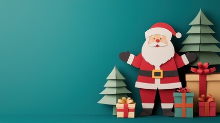 Santa Claus standing with a pile of paper-wrapped gifts, festive paper trees in the background, playful holiday colors, Christmas paper craft, Festive sales promotion