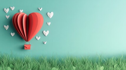 illustration of love and valentine day,Origami made hot air balloon flying over grass with heart float on the sky.paper art and digital craft style.
