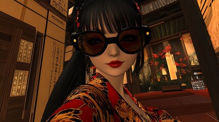 Sticker - Asian Woman Wearing Red and Gold Kimono and Sunglasses in Traditional Japanese Setting.