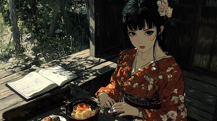 Wall Mural - Woman in a Red Kimono Sitting at a Wooden Table with a Book and a Bowl of Food.