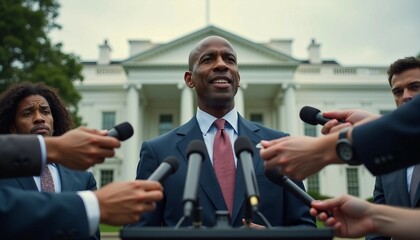 Wall Mural - An African American senator speaks confidently to the press in front of the White House, showcasing authority.	