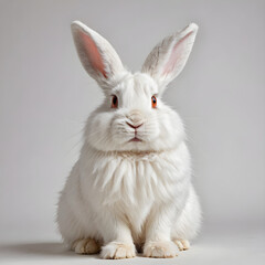 fluffy white rabbit sitting with ears up, isolated on white background