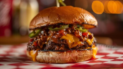 A chili burger with a beef patty topped with chili, cheddar cheese, and jalapes, placed on a red and white checkered tablecloth.