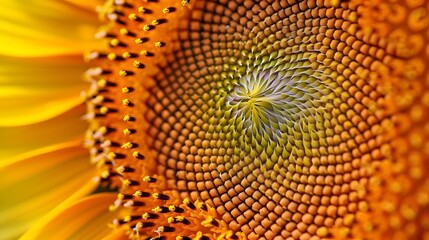 Extreme close-up of a spiraling Fibonacci pattern in a sunflower AI generated illustration