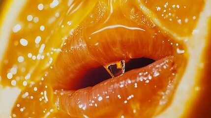 Close-up of a mouth biting into a juicy fruit, with lips covered in juice