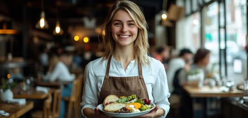 Smiling Waitress Presents Fresh Salad in Cozy Restaurant A closeup perspective of a smiling waitress in a white shirt and brown apron holding a plate with a colorful salad and