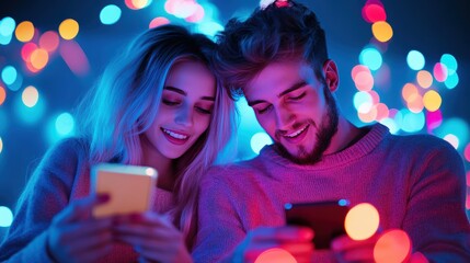 A couple using their phones to play a mobile game together, enjoying a fun and interactive experience.