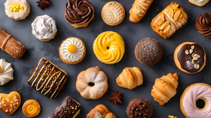 Flat lay composition of a variety of sweet pastry charms arranged on a monochrome surface AI generated illustration