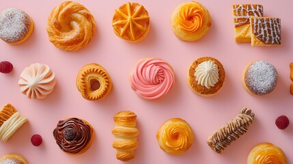 Wall Mural - Flat lay composition of a variety of sweet pastry charms arranged on a monochrome surface AI generated illustration