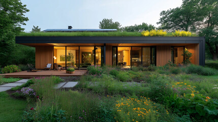 Wall Mural - cozy eco-friendly home with a green rooftop, solar panels, and a vegetable garden, warm afternoon sunlight,