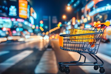 Shopping Cart On Street At Night With Blurred City Lights