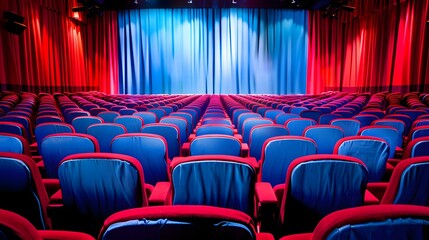 Canvas Print - Empty Theater Seats with Blue and Red Curtains