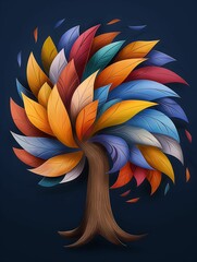 Canvas Print - Whimsical tree multicolor leaves swirling in wind fantasy scene doodle style more clarity with clear light and sharp focus high detailed