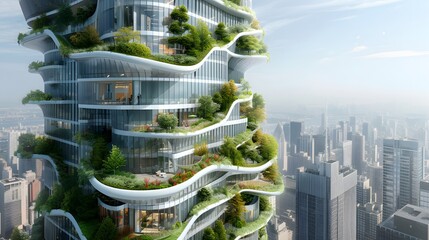 Futuristic eco-friendly urban skyscraper with integrated green spaces AI generated illustration