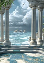 Canvas Print - Stone Columns Facing Ocean With Cloudy Sky