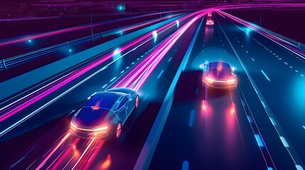 Wall Mural - Futuristic highway with self-driving cars in 3D style  art AI generated illustration