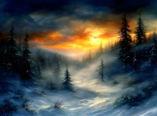 Poster - Winter Sunset in the Forest Painting