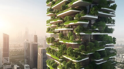 Wall Mural - Futuristic urban skyscraper with lush green terraces on every level AI generated illustration