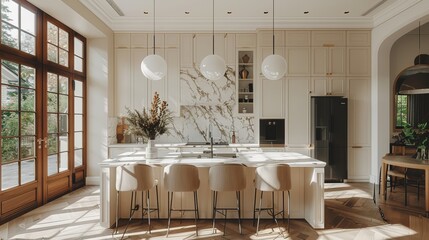 Wall Mural - Stunning modern kitchen with natural light, marble accents, and elegant decor in a beautifully designed home