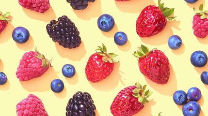 Wall Mural - fresh strawberries, blackberries, raspberries, and blueberries seamless pattern on a soft yellow bac
