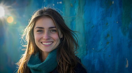 Wall Mural - Smiling Woman with Blonde Hair by Flaking Blue Wall